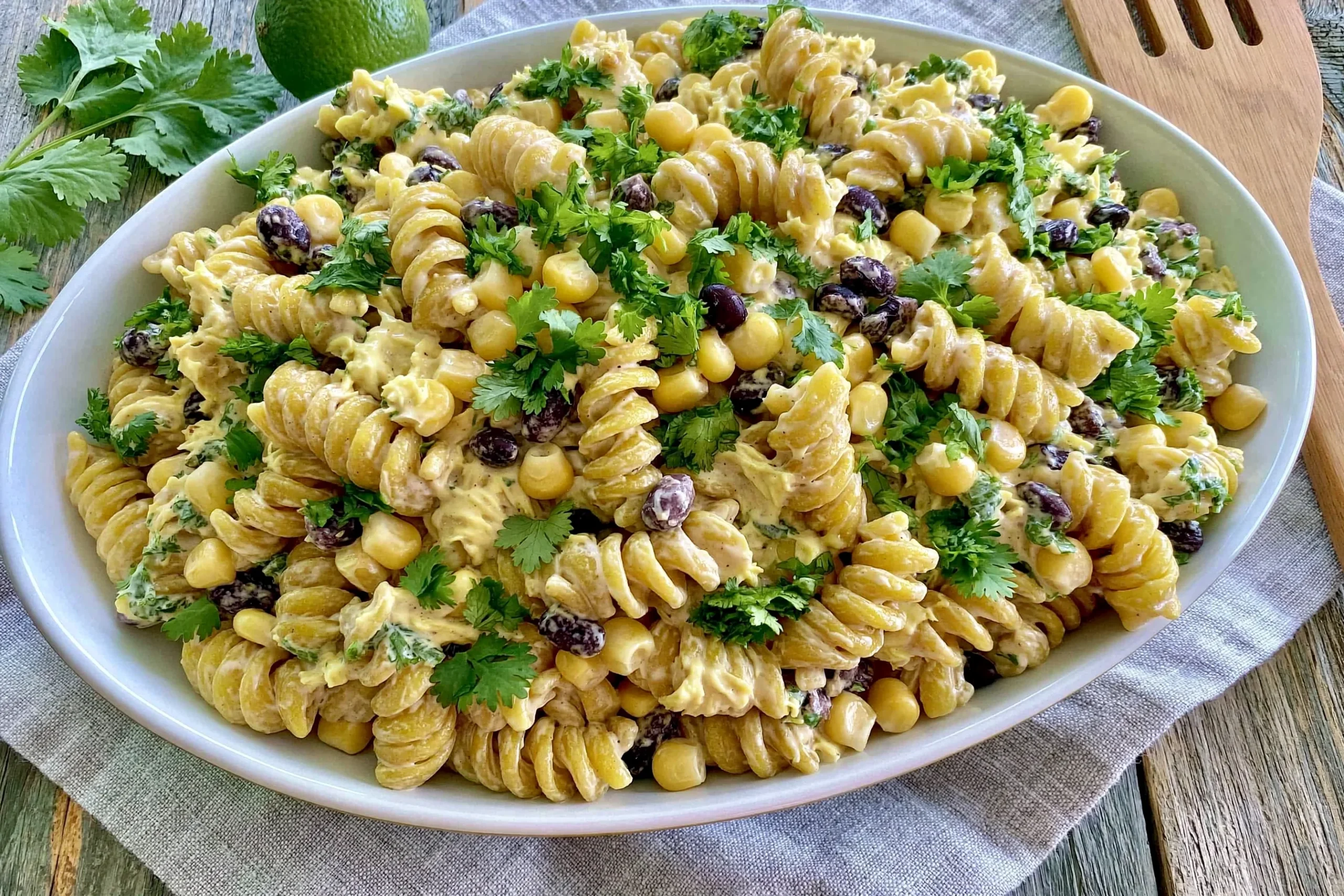 Black Bean & Corn Pasta Salad with creamy dressing, rotini pasta, black beans, corn, and fresh cilantro on a serving platter