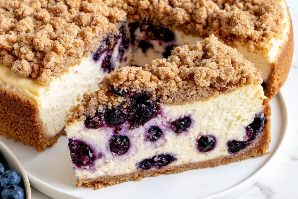 Close-up slice of Blueberry Crumble Cheesecake with creamy texture, fresh blueberries, and golden buttery crumble topping