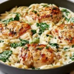 Creamy Boursin Orzo with Chicken and spinach in a skillet with golden seared chicken breasts and rich garlic herb sauce