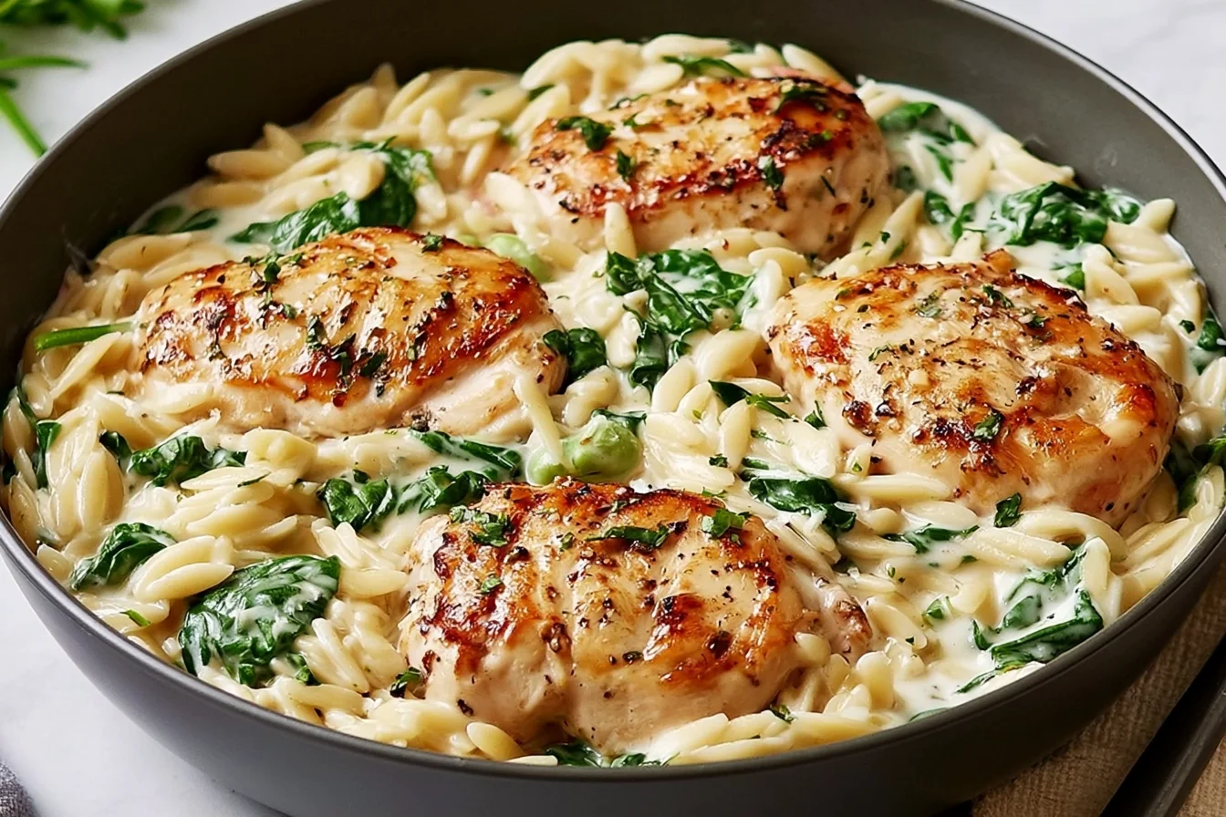 Creamy Boursin Orzo with Chicken and spinach in a skillet with golden seared chicken breasts and rich garlic herb sauce