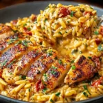 One Pot Cajun Chicken Alfredo Orzo with creamy sauce and seasoned grilled chicken served in a bowl