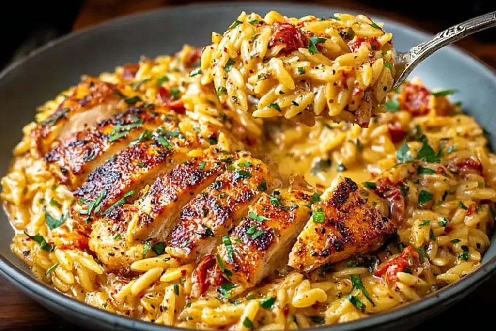 One Pot Cajun Chicken Alfredo Orzo with creamy sauce and seasoned grilled chicken served in a bowl