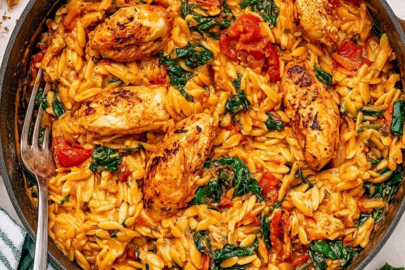 Creamy Cajun Chicken Orzo with seared chicken, spinach, and sun-dried tomatoes in a rich one-pan sauce