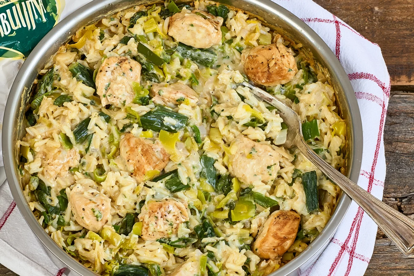Chicken Asparagus and Boursin Orzo in skillet with creamy sauce, tender chicken, and fresh asparagus