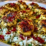 Chicken Scampi with Creamy Garlic Parmesan Rice topped with buttery garlic sauce, herbs, and red pepper flakes served on a white plate