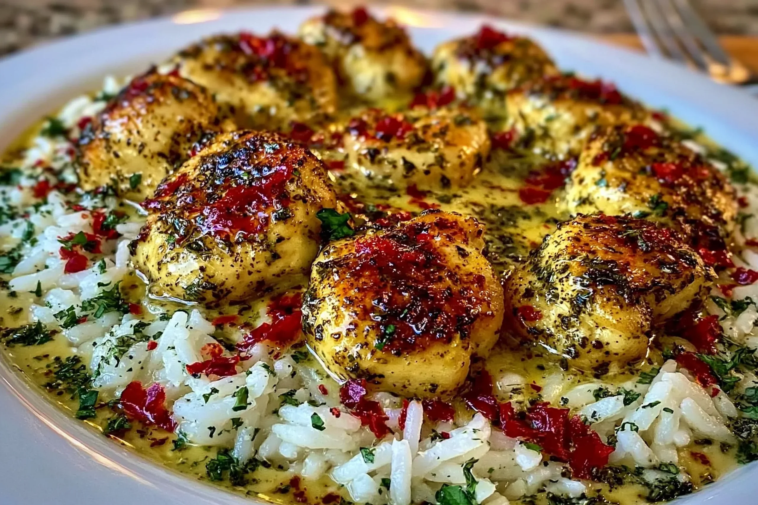 Chicken Scampi with Creamy Garlic Parmesan Rice topped with buttery garlic sauce, herbs, and red pepper flakes served on a white plate