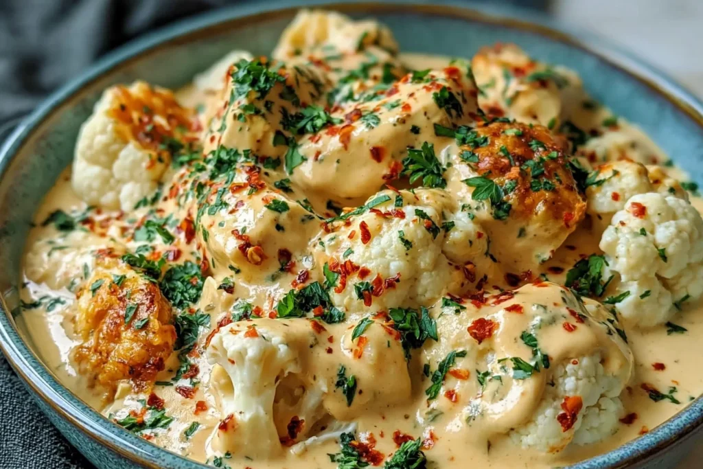 Creamy Chicken and Cauliflower served in a bowl with cheesy sauce, herbs, and chili flakes for a rich and comforting meal