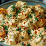 Creamy Chicken and Cauliflower served in a bowl with cheesy sauce, herbs, and chili flakes for a rich and comforting meal