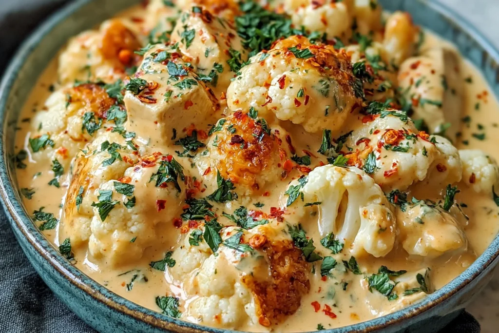 Creamy Chicken and Cauliflower in a rich cheesy sauce with roasted cauliflower, fresh herbs, and chili flakes in a rustic bowl