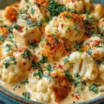 Creamy Chicken and Cauliflower in a rich cheesy sauce with roasted cauliflower, fresh herbs, and chili flakes in a rustic bowl