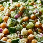 Creamy Chickpea Salad Recipe served with cucumbers, feta, fresh dill, and a creamy lemon yogurt dressing