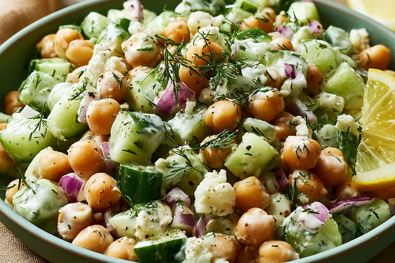 Creamy Chickpea Salad Recipe served with cucumbers, feta, fresh dill, and a creamy lemon yogurt dressing