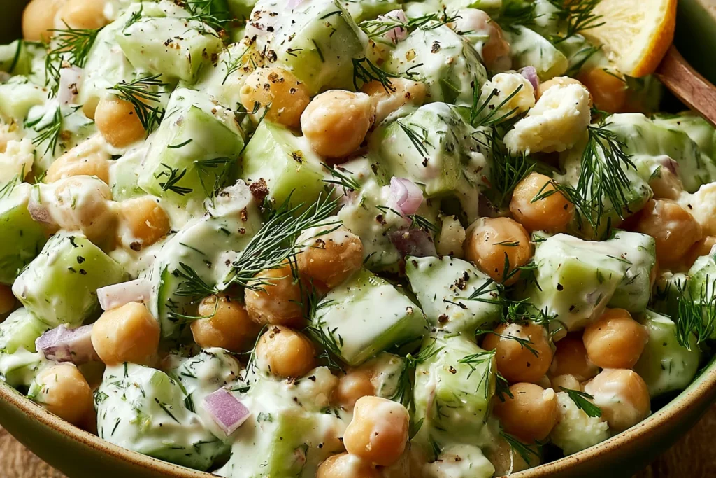 Creamy Chickpea Salad Recipe with cucumbers, Greek yogurt dressing, fresh dill, red onion, and feta cheese