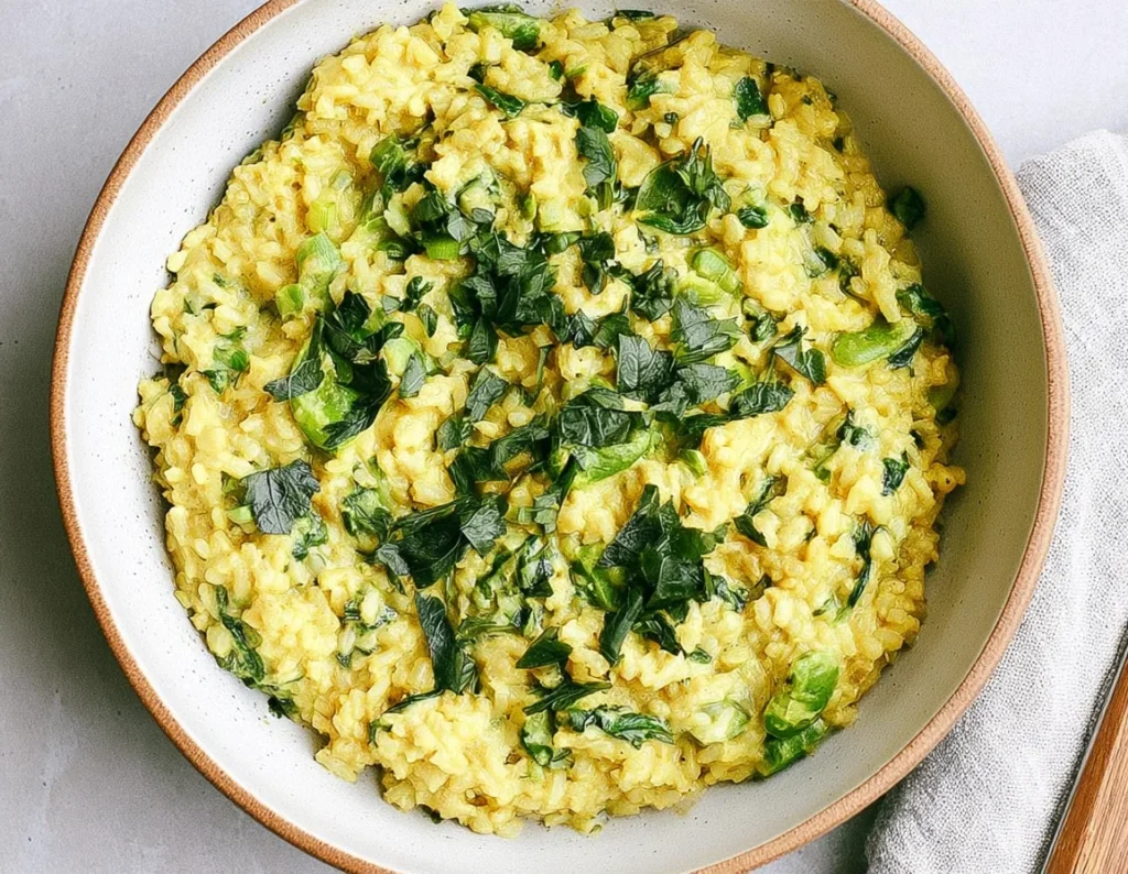 Anti-Inflammatory Creamy Coconut Rice with spinach, bok choy, turmeric, and herbs in a bowl