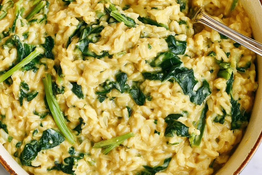 Close-up of Anti-Inflammatory Creamy Coconut Rice with turmeric, spinach, and bok choy in a creamy texture
