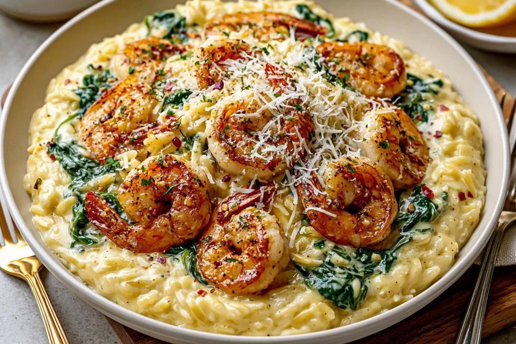 Creamy Garlic Shrimp Orzo with golden seared shrimp, creamy Parmesan orzo, spinach, and red pepper flakes in a rich garlic sauce
