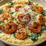 Creamy Garlic Shrimp Orzo with golden seared shrimp, creamy Parmesan orzo, spinach, and red pepper flakes in a rich garlic sauce
