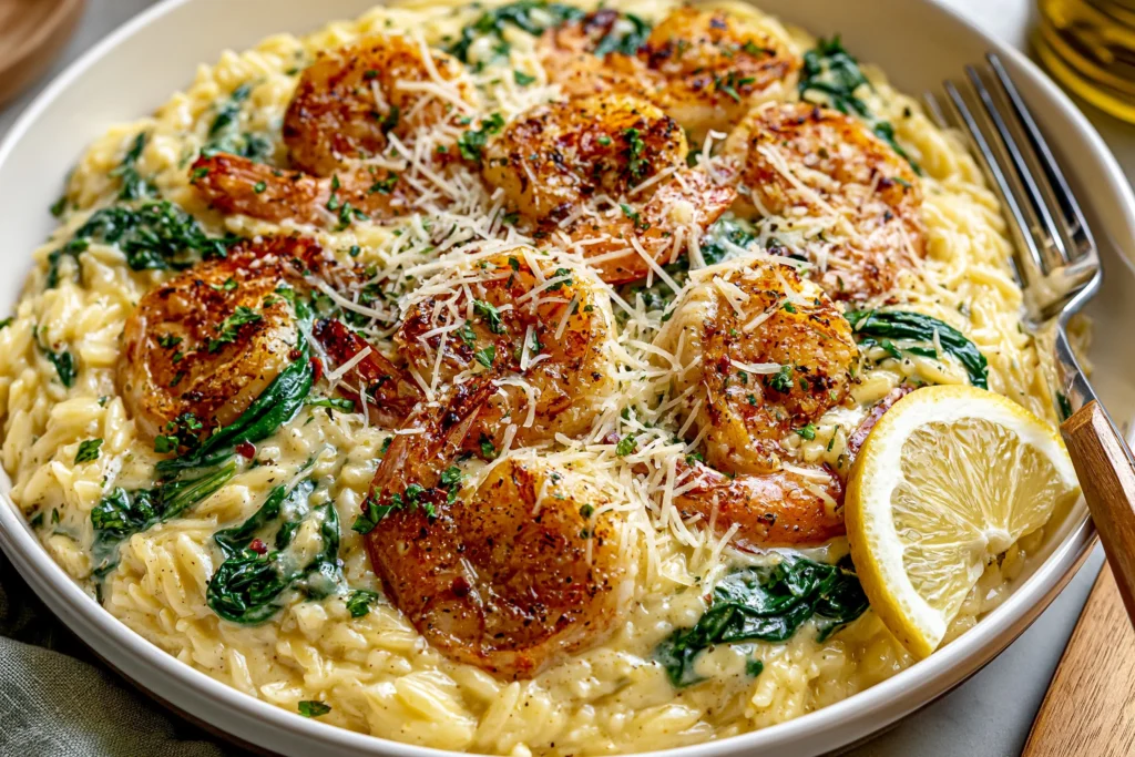 Creamy Garlic Shrimp Orzo served in a bowl with juicy seared shrimp, spinach, Parmesan cheese, and a lemon wedge