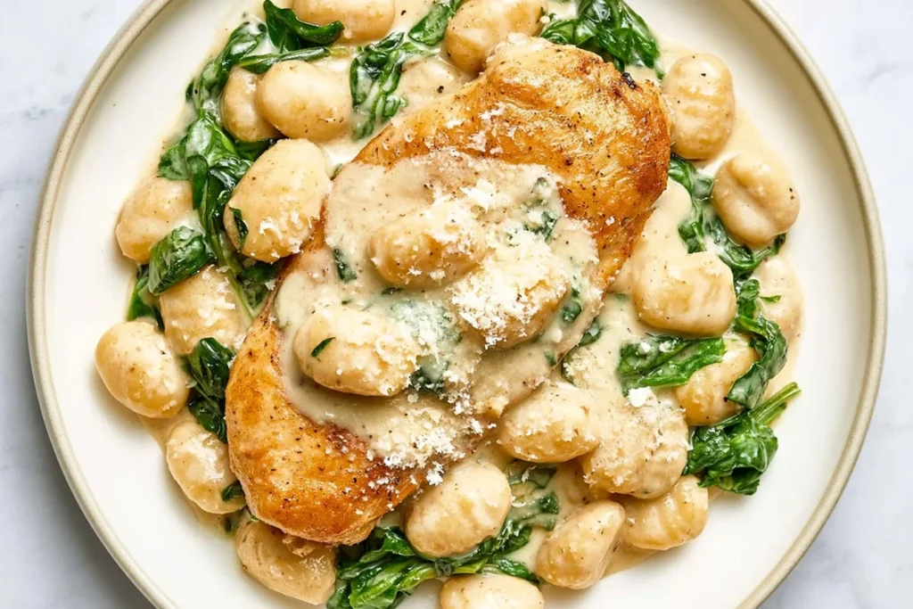 Creamy Lemon Chicken Gnocchi with seared chicken, spinach, and parmesan in a rich lemon garlic sauce