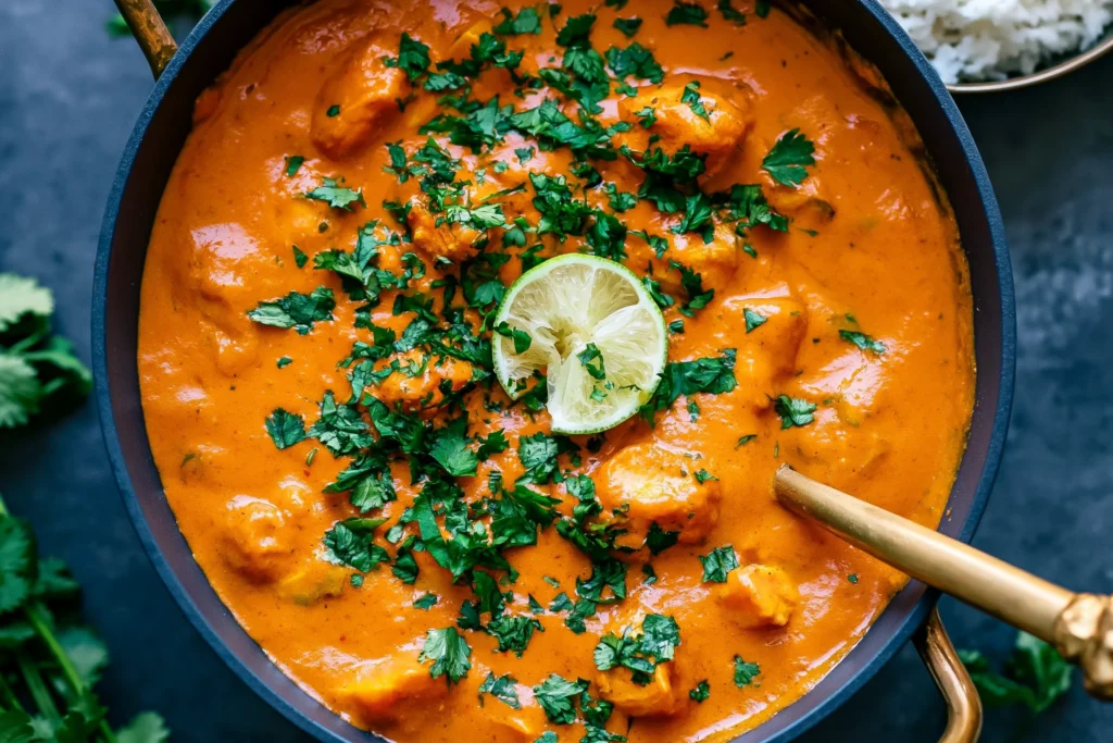 Creamy Mango Chicken Curry with coconut milk, tender chicken, fresh cilantro, and lime served in a skillet