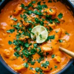 Creamy Mango Chicken Curry with coconut milk, tender chicken, fresh cilantro, and lime served in a skillet