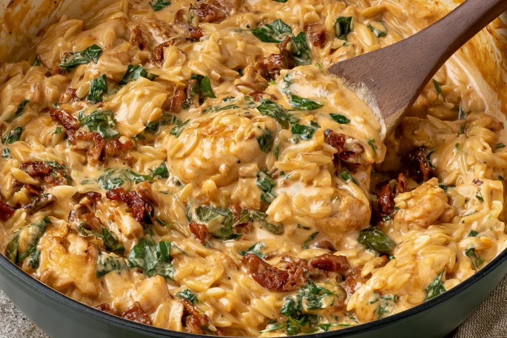 Creamy One Pot Marry Me Chicken Orzo with tender chicken, sun-dried tomatoes, and fresh basil in a rich garlic parmesan sauce