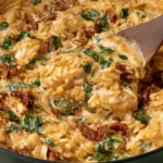 Creamy One Pot Marry Me Chicken Orzo with tender chicken, sun-dried tomatoes, and fresh basil in a rich garlic parmesan sauce