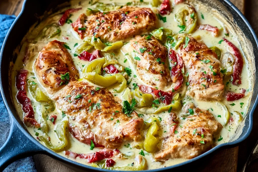 Creamy Pepperoncini Chicken Skillet with juicy seared chicken breasts, pepperoncini peppers, and creamy garlic sauce in a cast iron pan