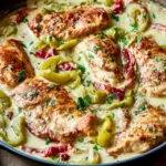Creamy Pepperoncini Chicken Skillet with juicy seared chicken breasts, pepperoncini peppers, and creamy garlic sauce in a cast iron pan