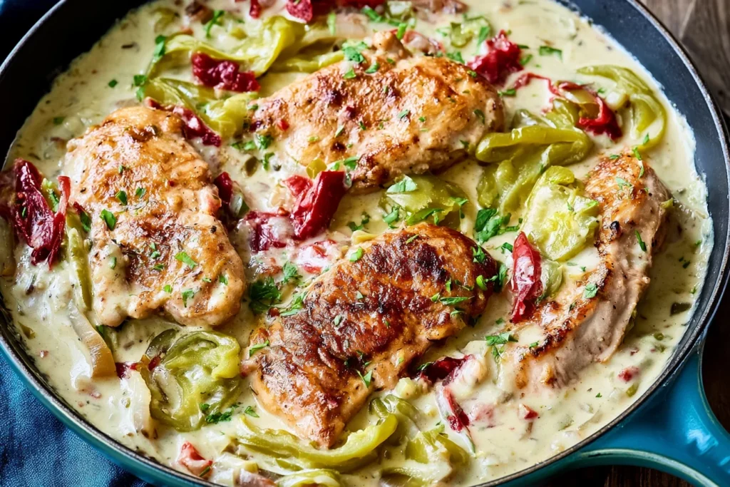 Creamy Pepperoncini Chicken Skillet with golden seared chicken, tangy pepperoncini peppers, and rich creamy sauce in a skillet