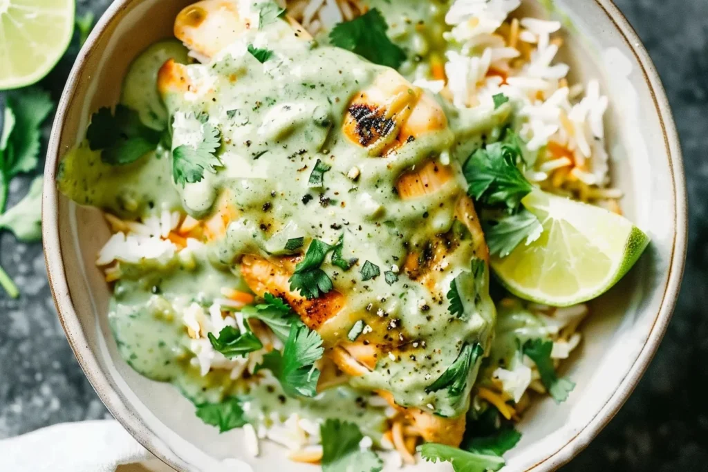 Creamy Poblano Chicken served over rice with grilled chicken, creamy green poblano sauce, fresh cilantro, and lime wedges