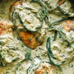 Creamy Poblano Chicken in a skillet with tender chicken breasts, roasted poblano peppers, and rich creamy herb sauce