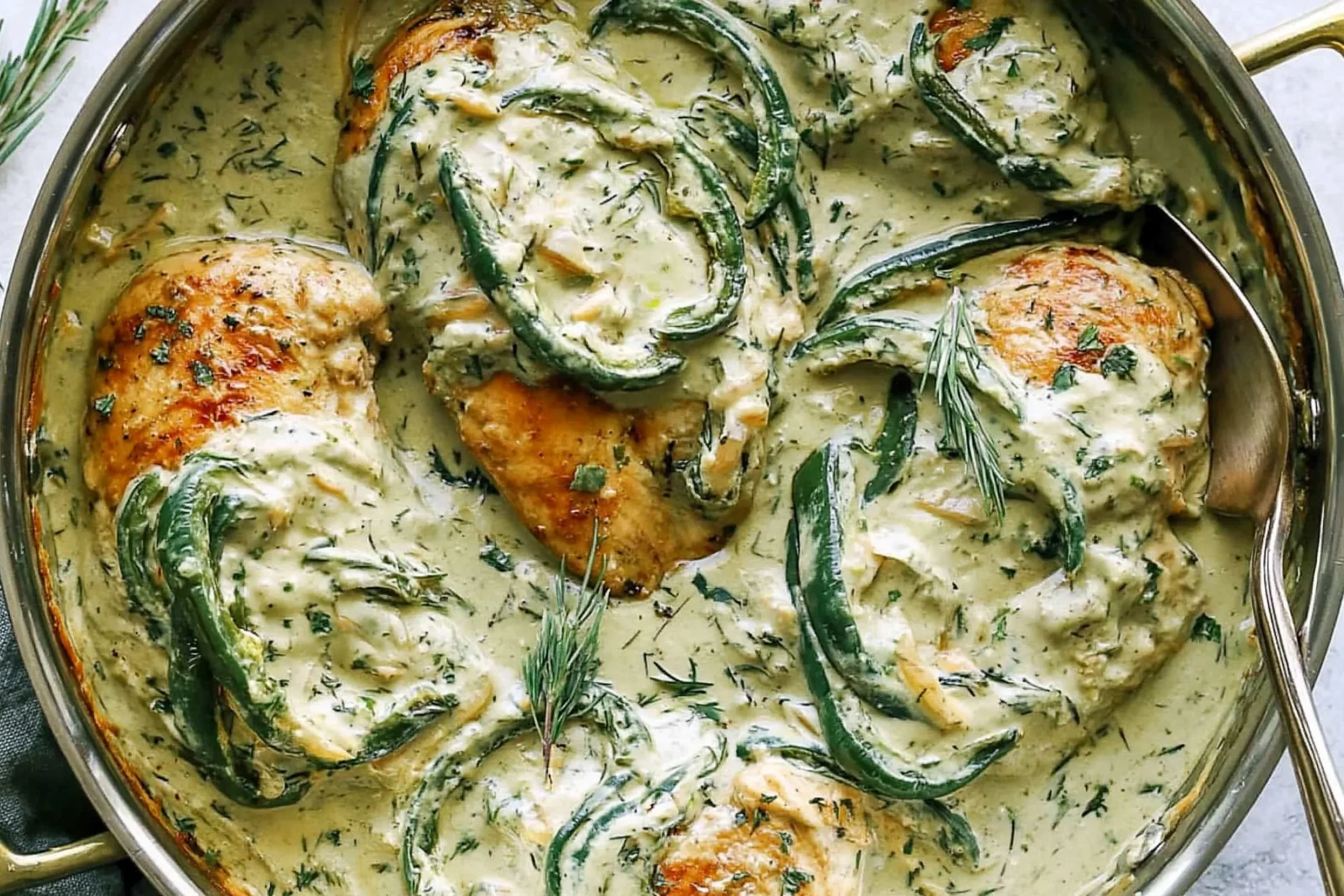 Creamy Poblano Chicken in a skillet with tender chicken breasts, roasted poblano peppers, and rich creamy herb sauce