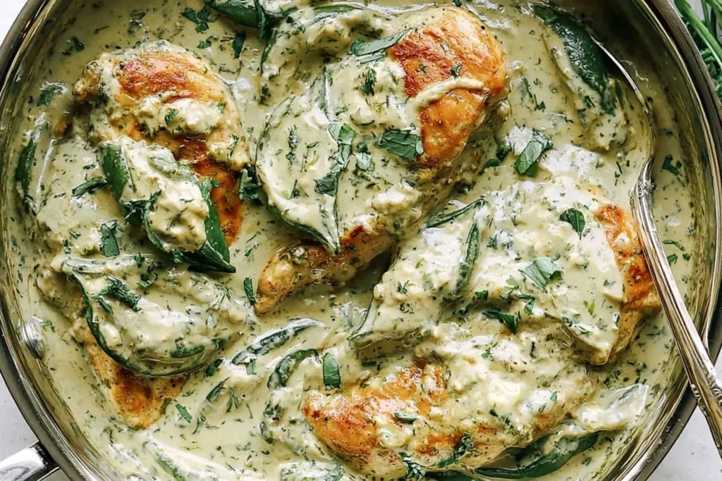 Creamy Poblano Chicken with golden seared chicken breasts in a rich poblano cream sauce with fresh herbs in a skillet