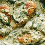Creamy Poblano Chicken with golden seared chicken breasts in a rich poblano cream sauce with fresh herbs in a skillet