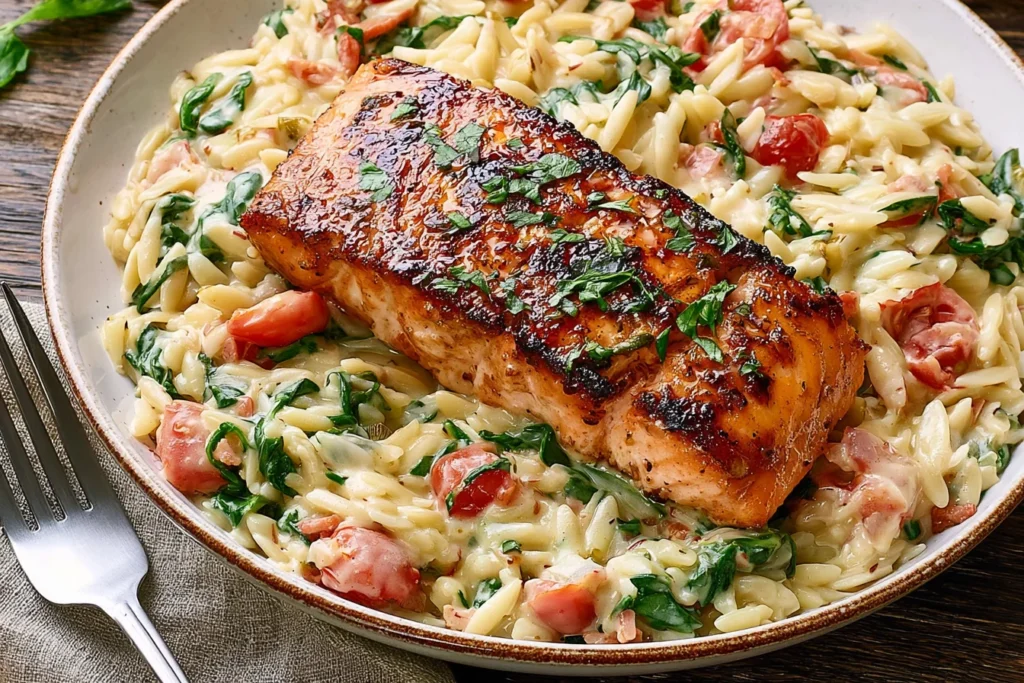 Creamy Salmon Orzo served in a bowl with seared salmon, spinach, and tomatoes in a rich creamy sauce