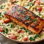 Creamy Salmon Orzo served in a bowl with seared salmon, spinach, and tomatoes in a rich creamy sauce