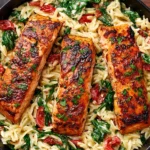 Creamy Salmon Orzo with seared salmon fillets, spinach, and roasted red peppers in a creamy sauce