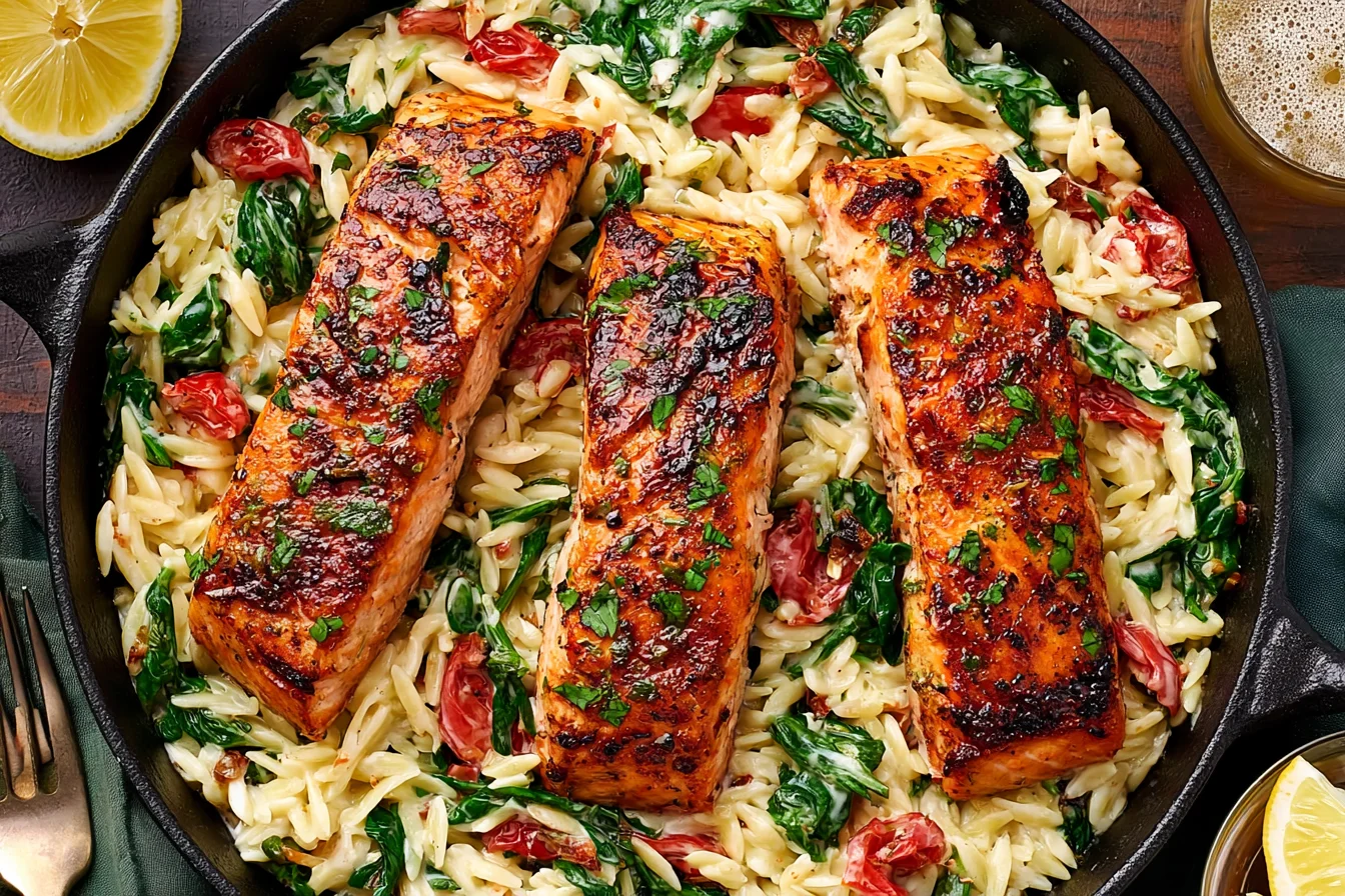 Creamy Salmon Orzo with seared salmon fillets, spinach, and roasted red peppers in a creamy sauce