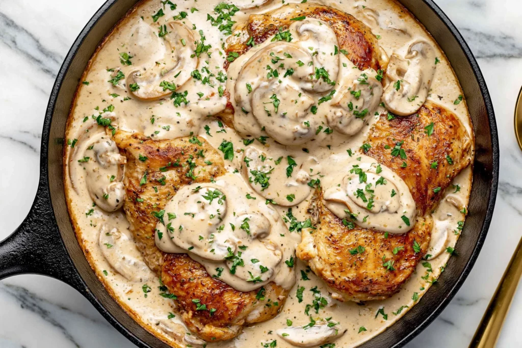 Sour Cream and Onion Chicken in a skillet with creamy mushroom sauce and fresh parsley garnish