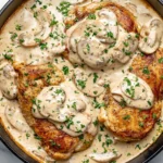 Sour Cream and Onion Chicken in a skillet with creamy mushroom sauce and fresh parsley garnish