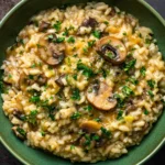 Creamy Miso Butter Mushroom Risotto with sautéed mushrooms, fresh parsley, and rich vegan sauce in a bowl