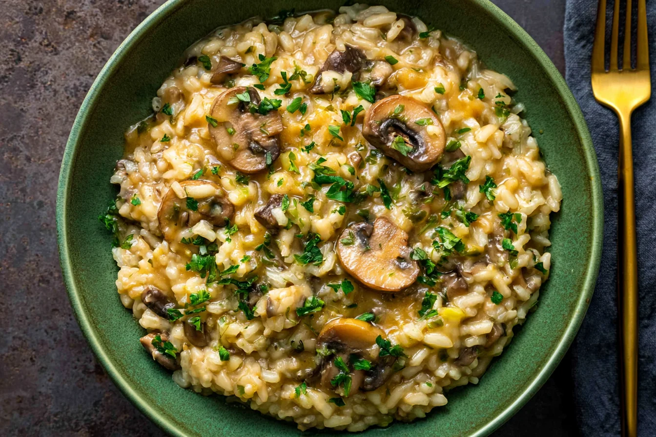 Creamy Miso Butter Mushroom Risotto with sautéed mushrooms, fresh parsley, and rich vegan sauce in a bowl