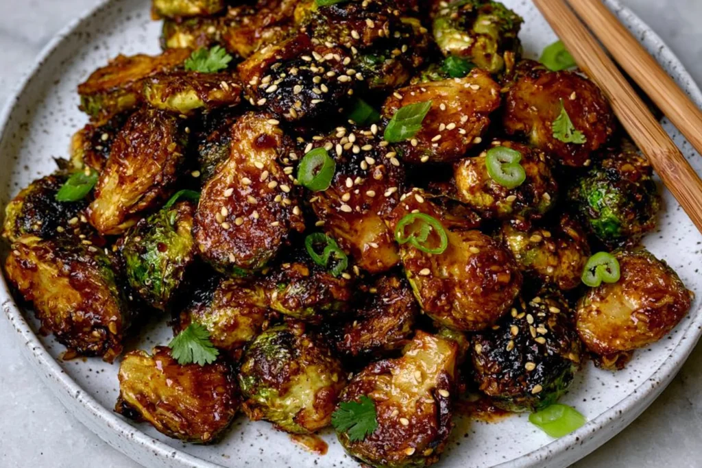 Crispy Asian BBQ Brussels Sprouts glazed in sticky sauce with sesame seeds and sliced green onions on a plate