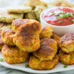 Crispy golden Chickpea Vegetable nuggets served with dipping sauce on a plate