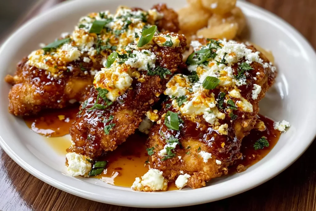 Hot Honey Feta Chicken with crispy golden coating, drizzled in sweet spicy honey sauce and topped with crumbled feta and fresh herbs
