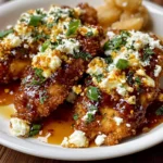 Hot Honey Feta Chicken with crispy golden coating, drizzled in sweet spicy honey sauce and topped with crumbled feta and fresh herbs