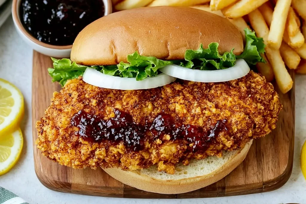 Crispy Lemon Pepper Chicken Sandwich with crunchy fried chicken, lettuce, onion slices, and tangy sauce on a toasted bun served with fries