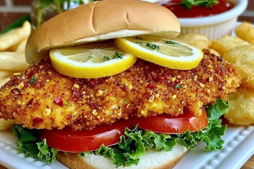 Crispy Lemon Pepper Chicken Sandwich with golden fried chicken, fresh lettuce, tomato slices, and lemon garnish on a toasted bun