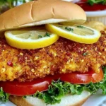 Crispy Lemon Pepper Chicken Sandwich with golden fried chicken, fresh lettuce, tomato slices, and lemon garnish on a toasted bun